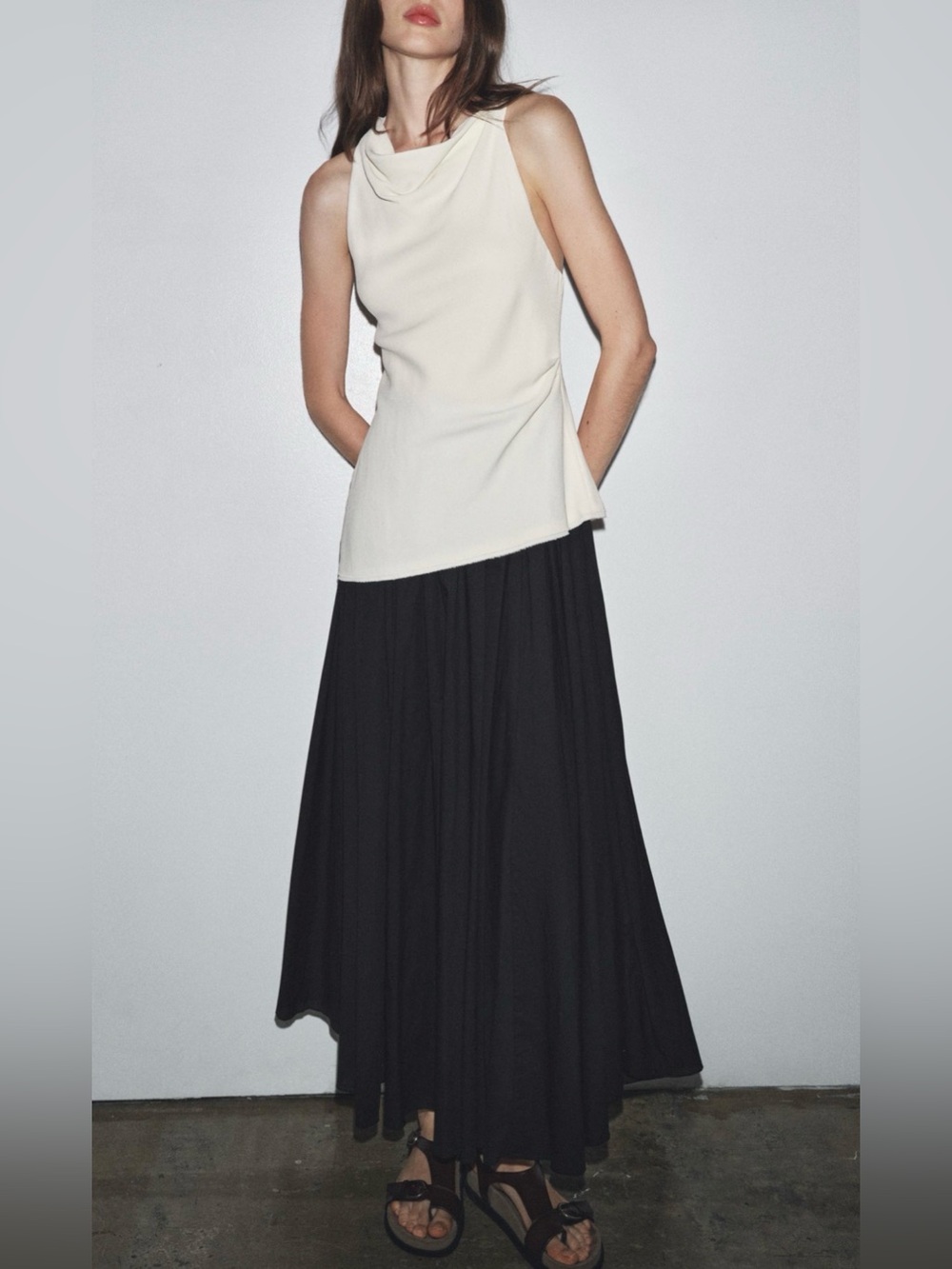 Zara Asymmetrical Contrast Maxi Dress Open Shoulders Back Twist Cream Black XS